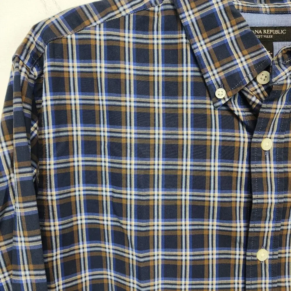 Banana Republic Mens Soft Wash Plaid Button Down Shirt Size L Blue Brown Preppy